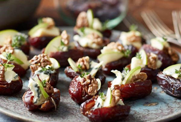 Stuffed Dates with Blue Cheese, Walnuts, & Pear